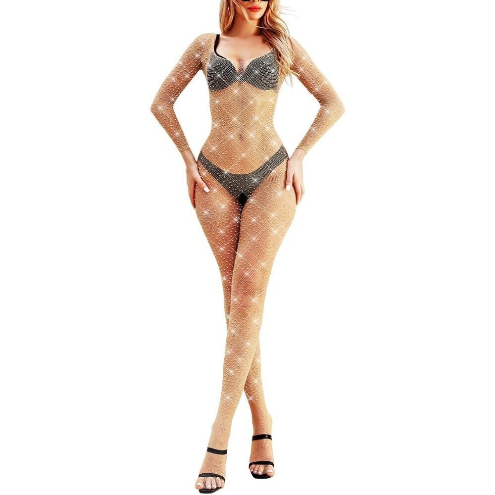 🆕Women Cream Classic Fishnet Body Stocking Lingerie Sparkle Stockings One Piece